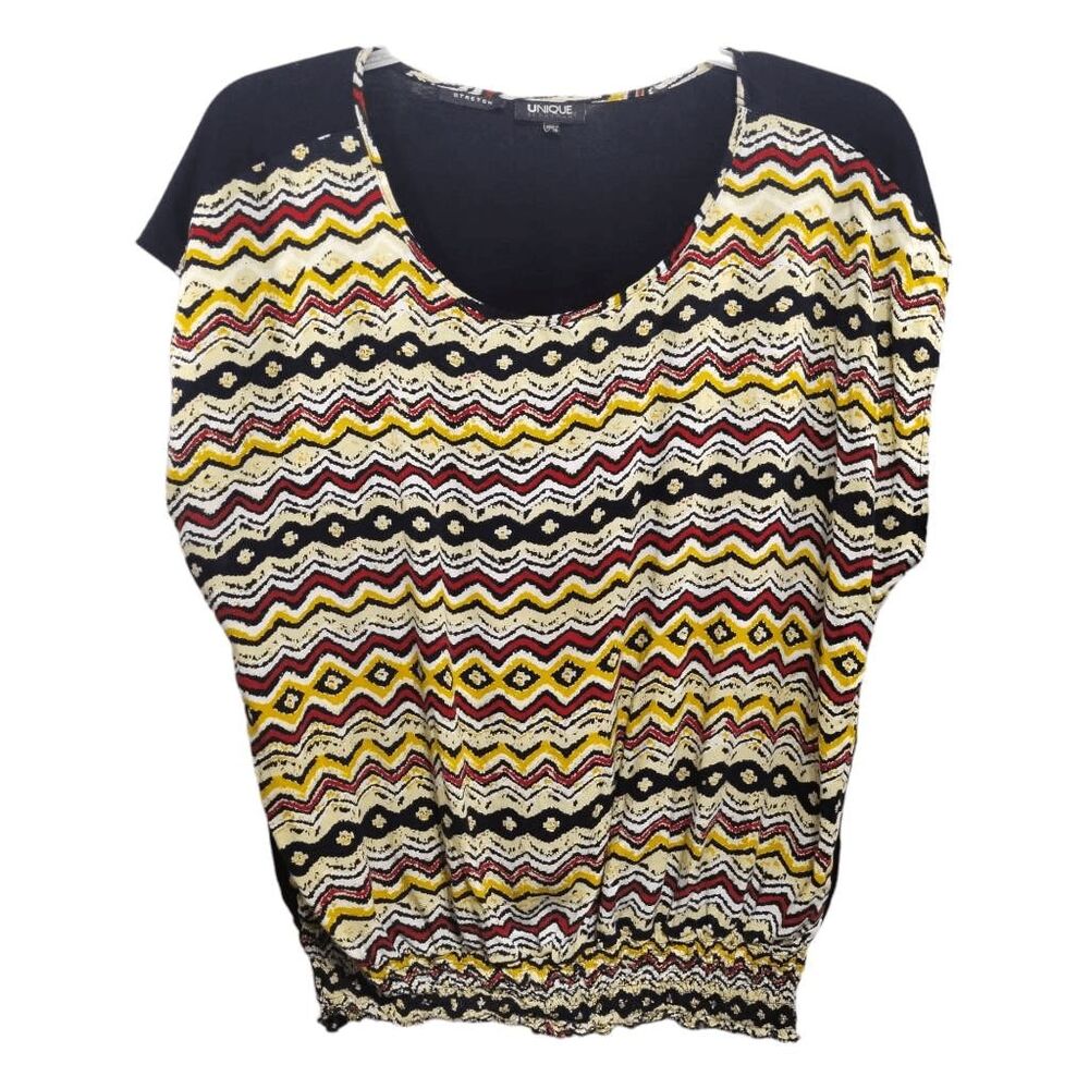 Unique Spectrum Geometric Striped Top Elastic Waistband Solid Back Sz 2X